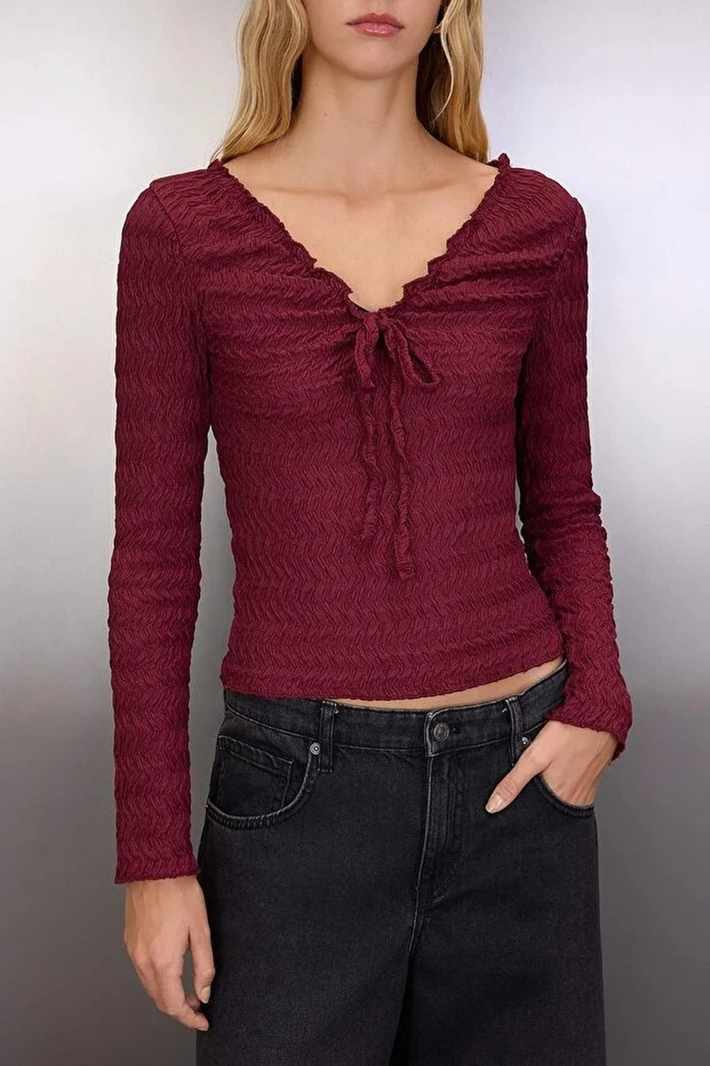 Textured Tie Detail V-Neck Stretch Knit Blouse
