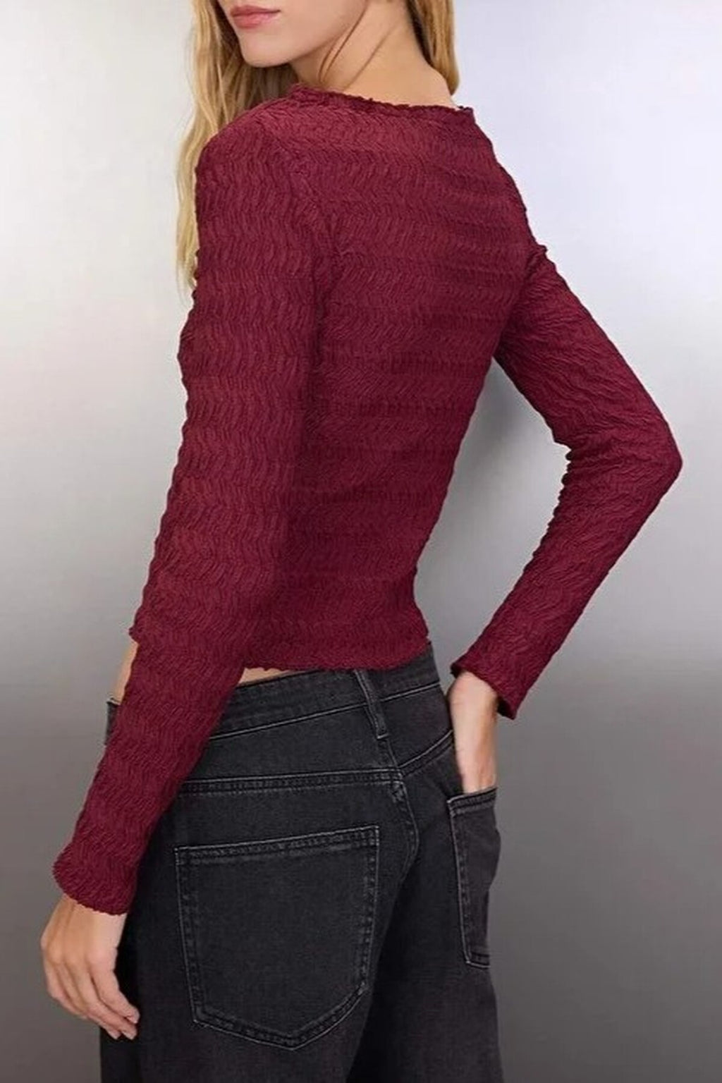Textured Tie Detail V-Neck Stretch Knit Blouse