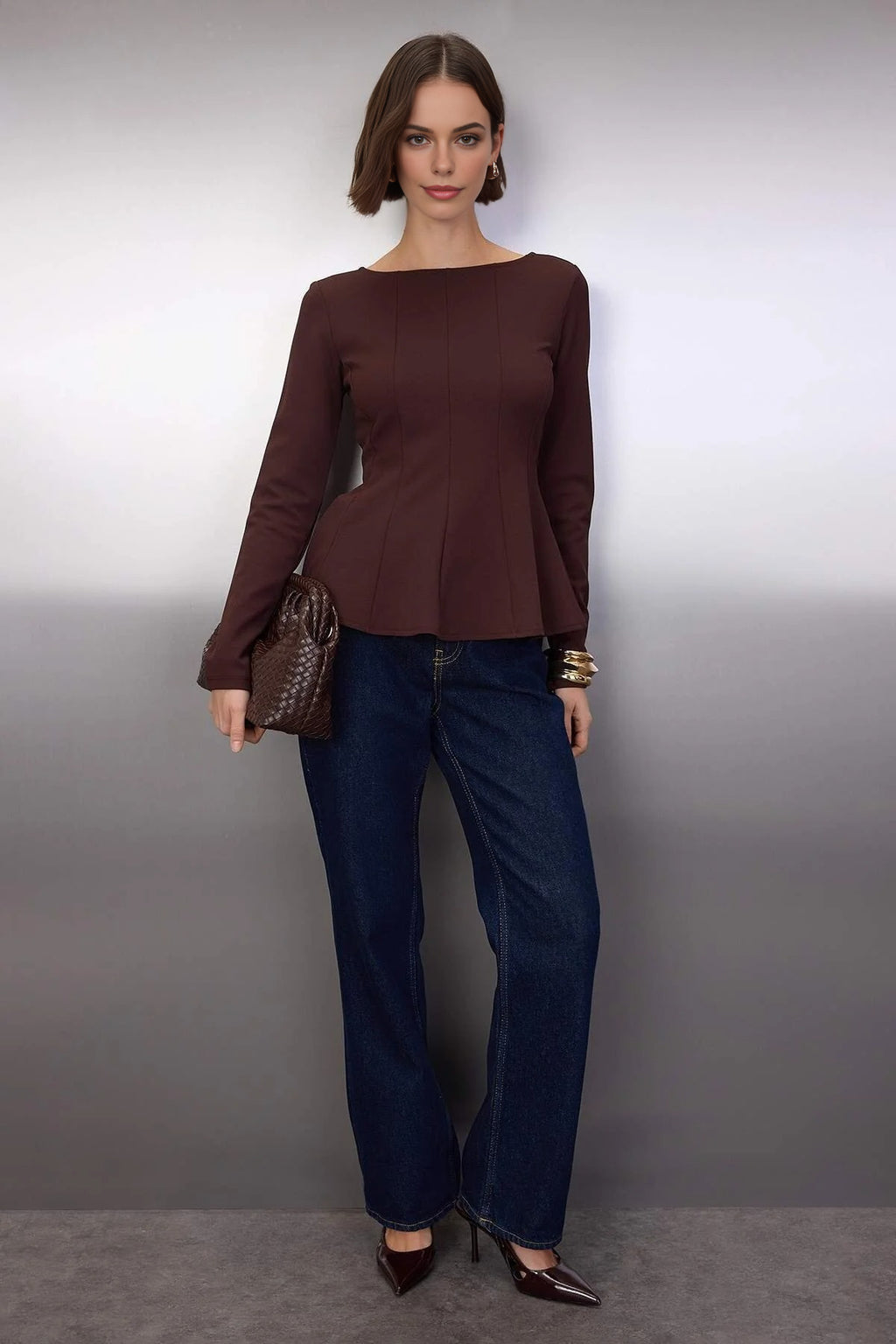 Boat Neck Peplum Knit Blouse