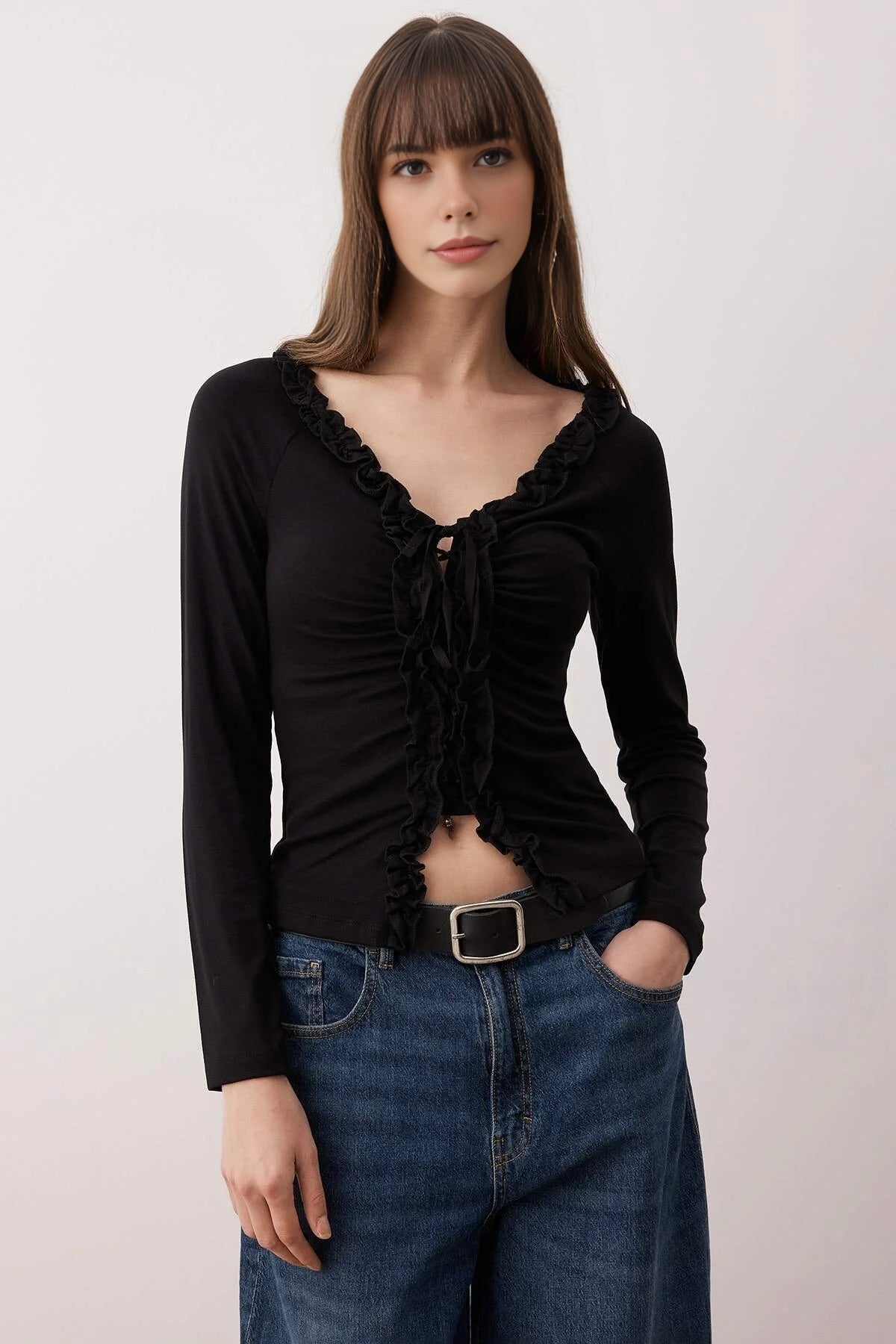 Gathered Long-Sleeved Stretch Knit Blouse