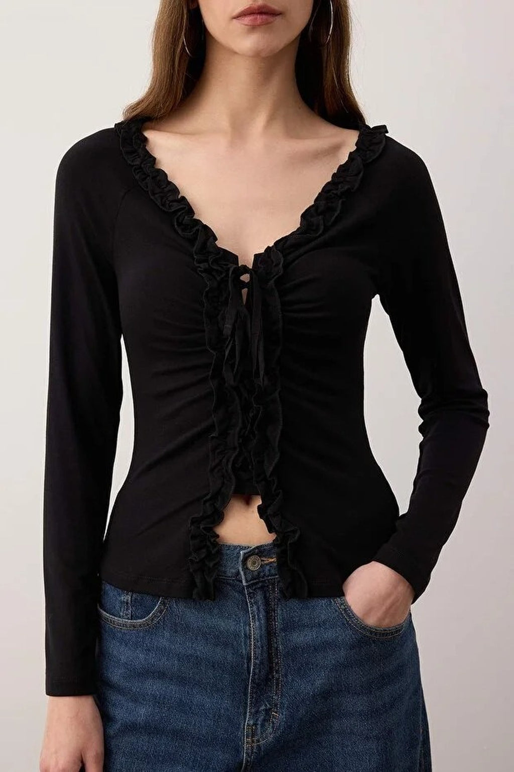 Gathered Long-Sleeved Stretch Knit Blouse