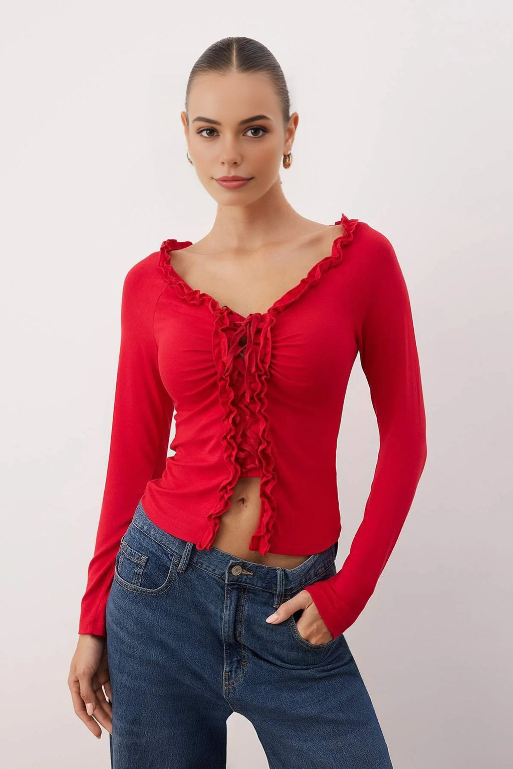 Gathered Long-Sleeved Stretch Knit Blouse