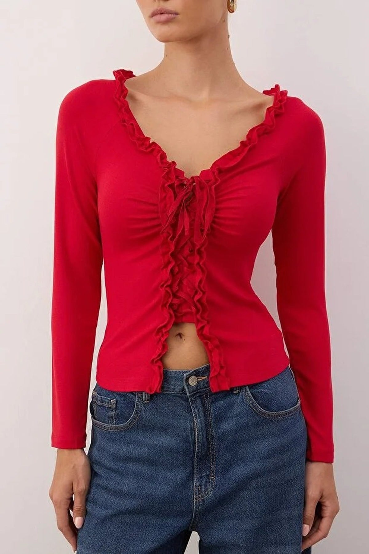 Gathered Long-Sleeved Stretch Knit Blouse