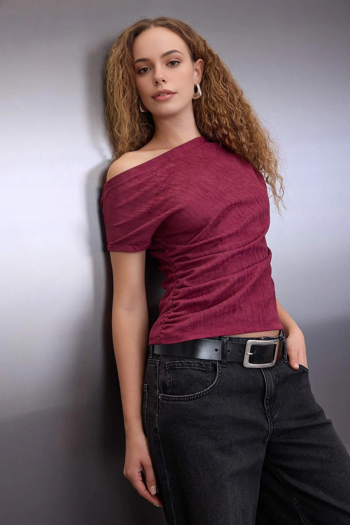 Asymmetrical Collar Knit Suede Blouse