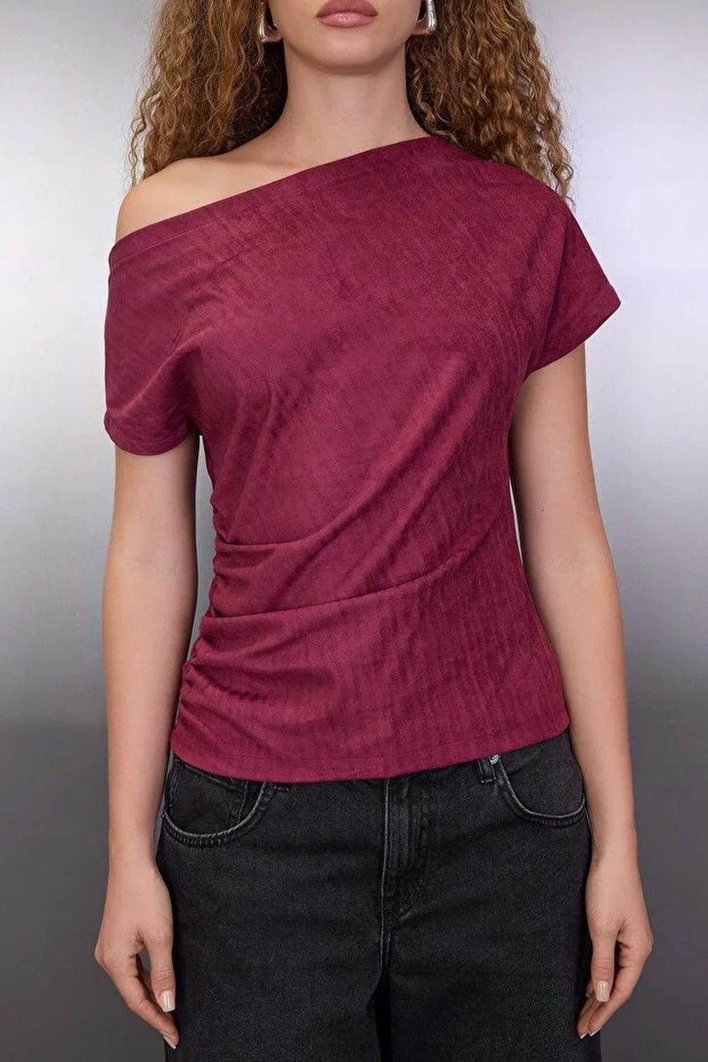 Asymmetrical Collar Knit Suede Blouse
