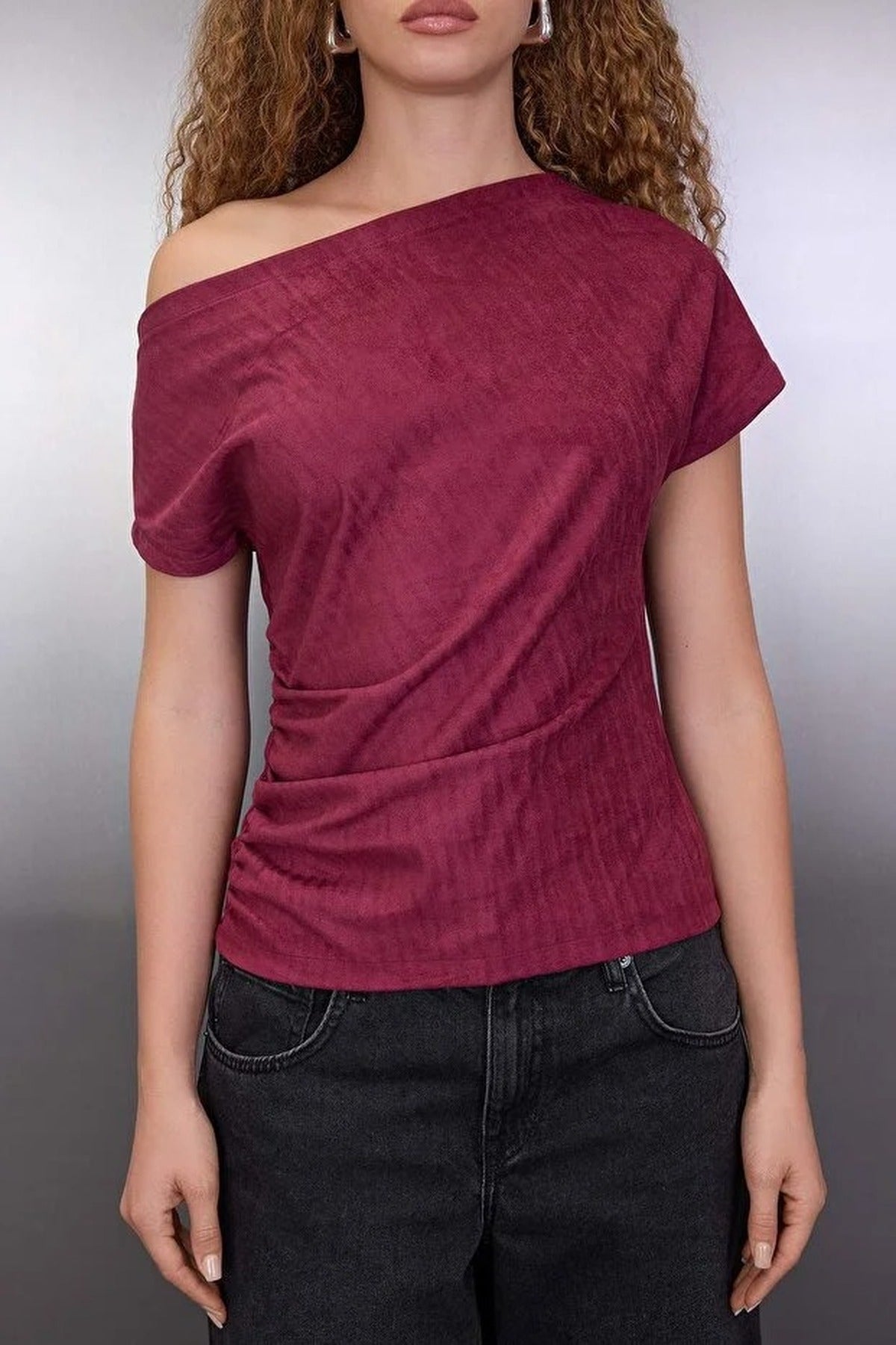 Asymmetrical Collar Knit Suede Blouse