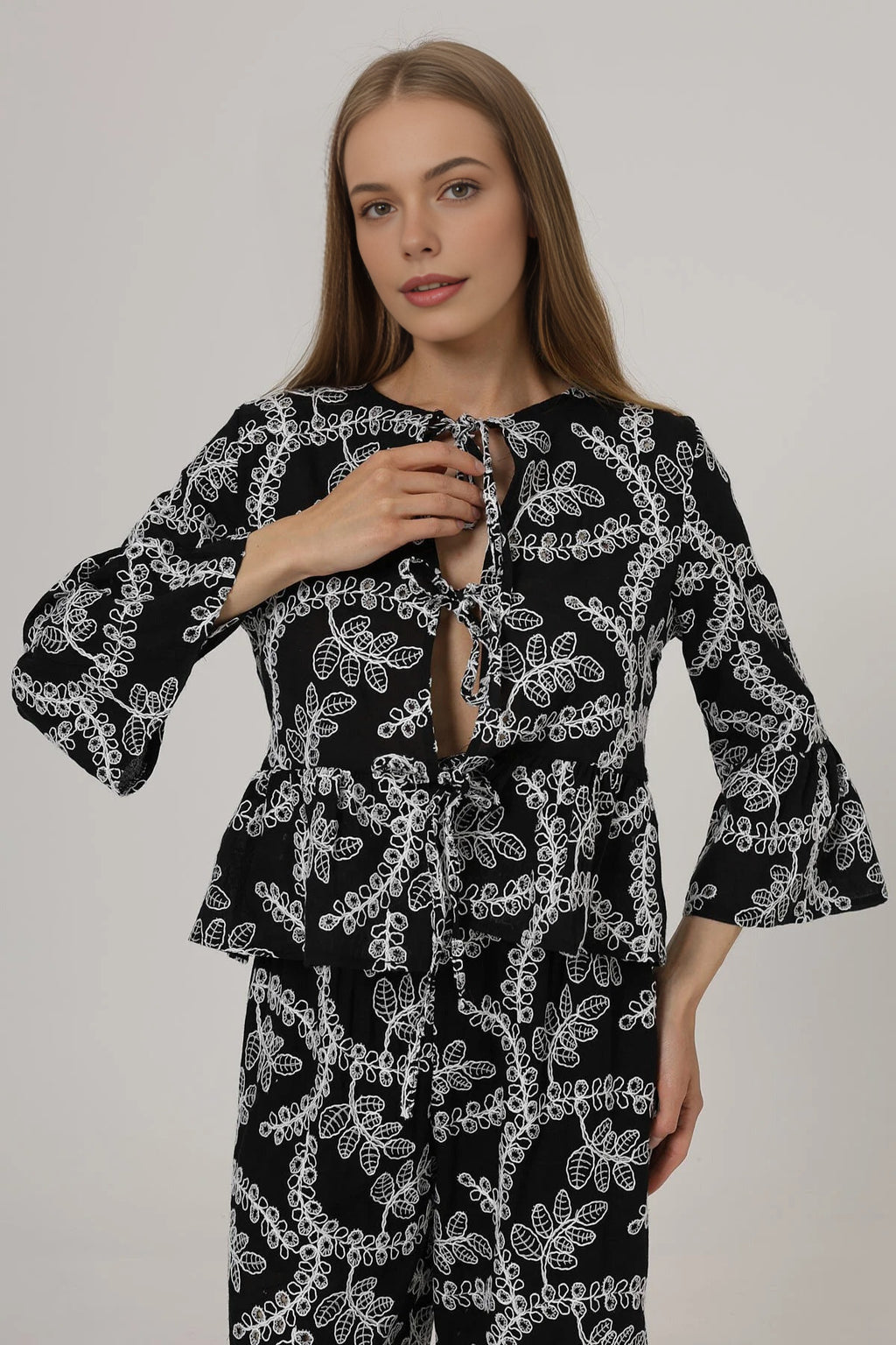 Embroidered Tie-Bow 100% Cotton Woven Blouse