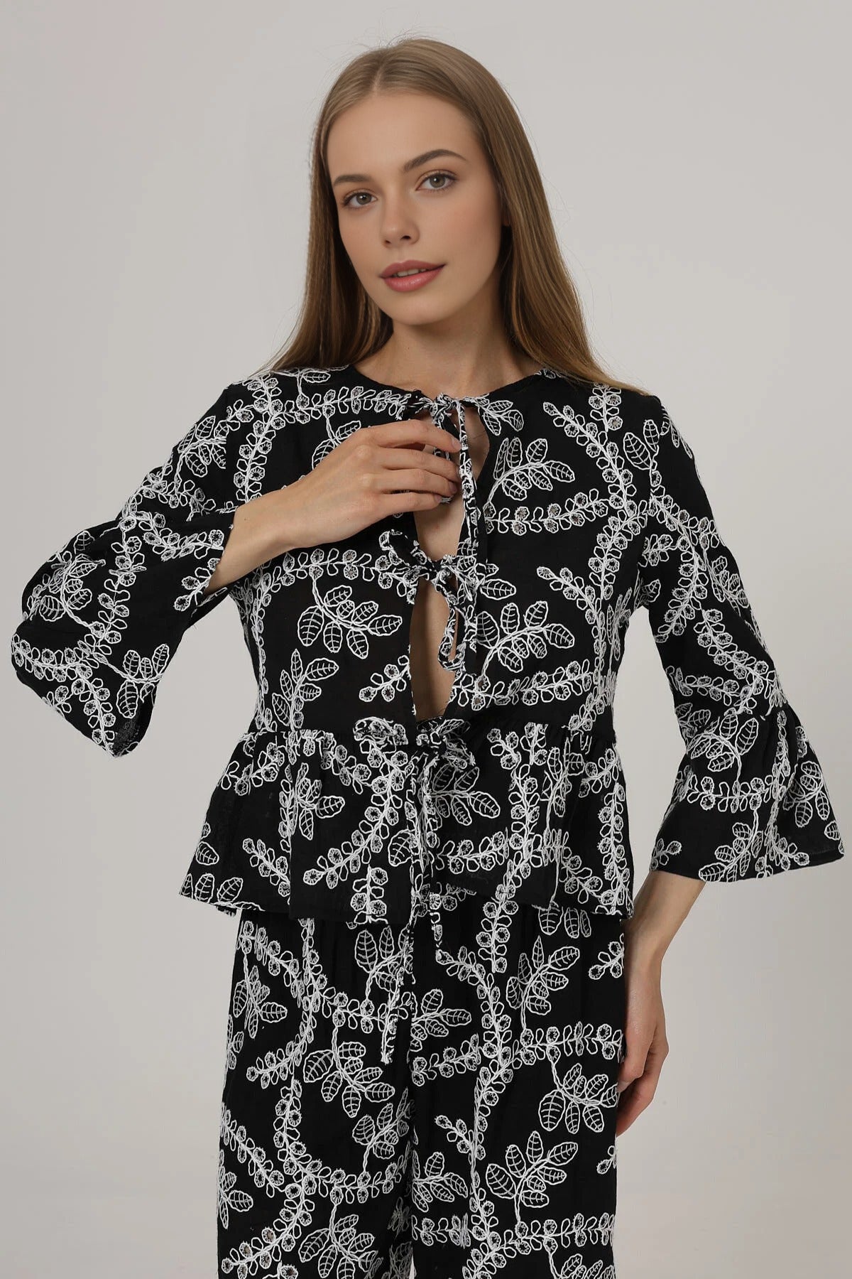 Embroidered Tie-Bow 100% Cotton Woven Blouse