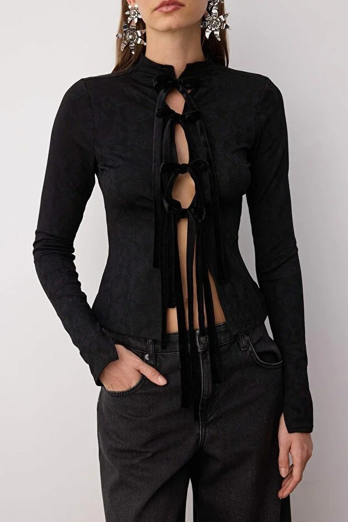 Floral Mandarin Collar Long Knitted Jacquard Party Blouse