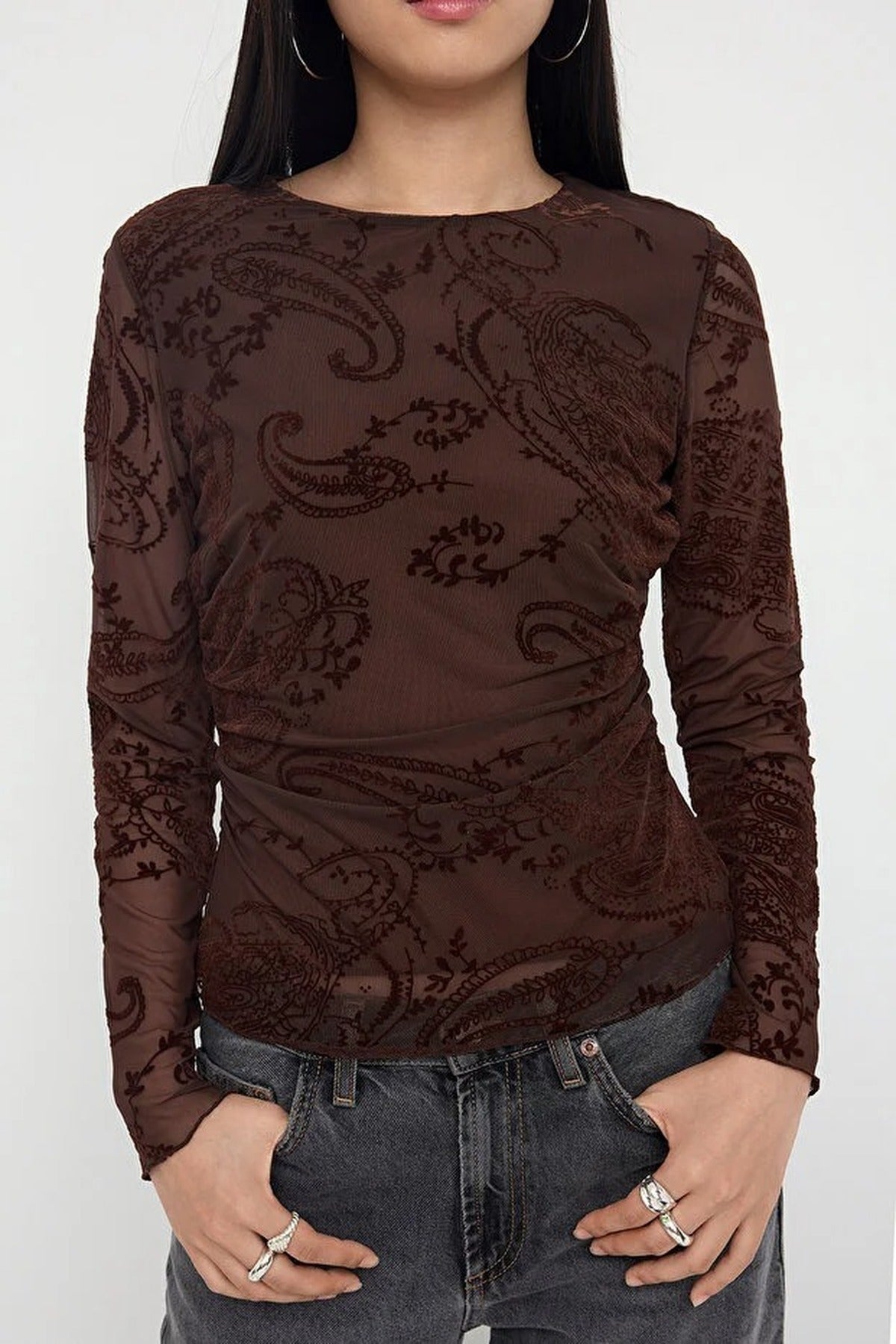 Flock Printed Tulle Long-Sleeved Boat Neck Knitted Blouse