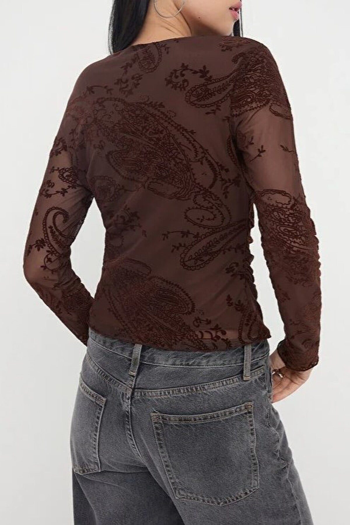 Flock Printed Tulle Long-Sleeved Boat Neck Knitted Blouse