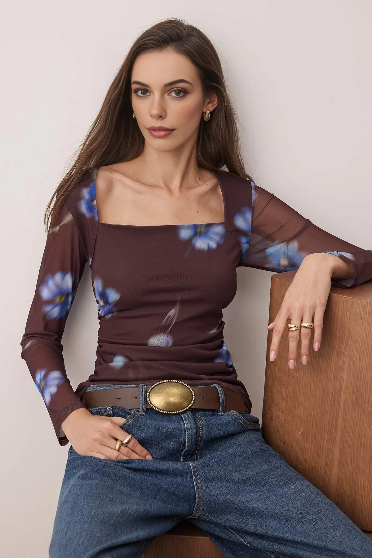 Printed Drape Detail Fitted Long Sleeve Knitted Blouse