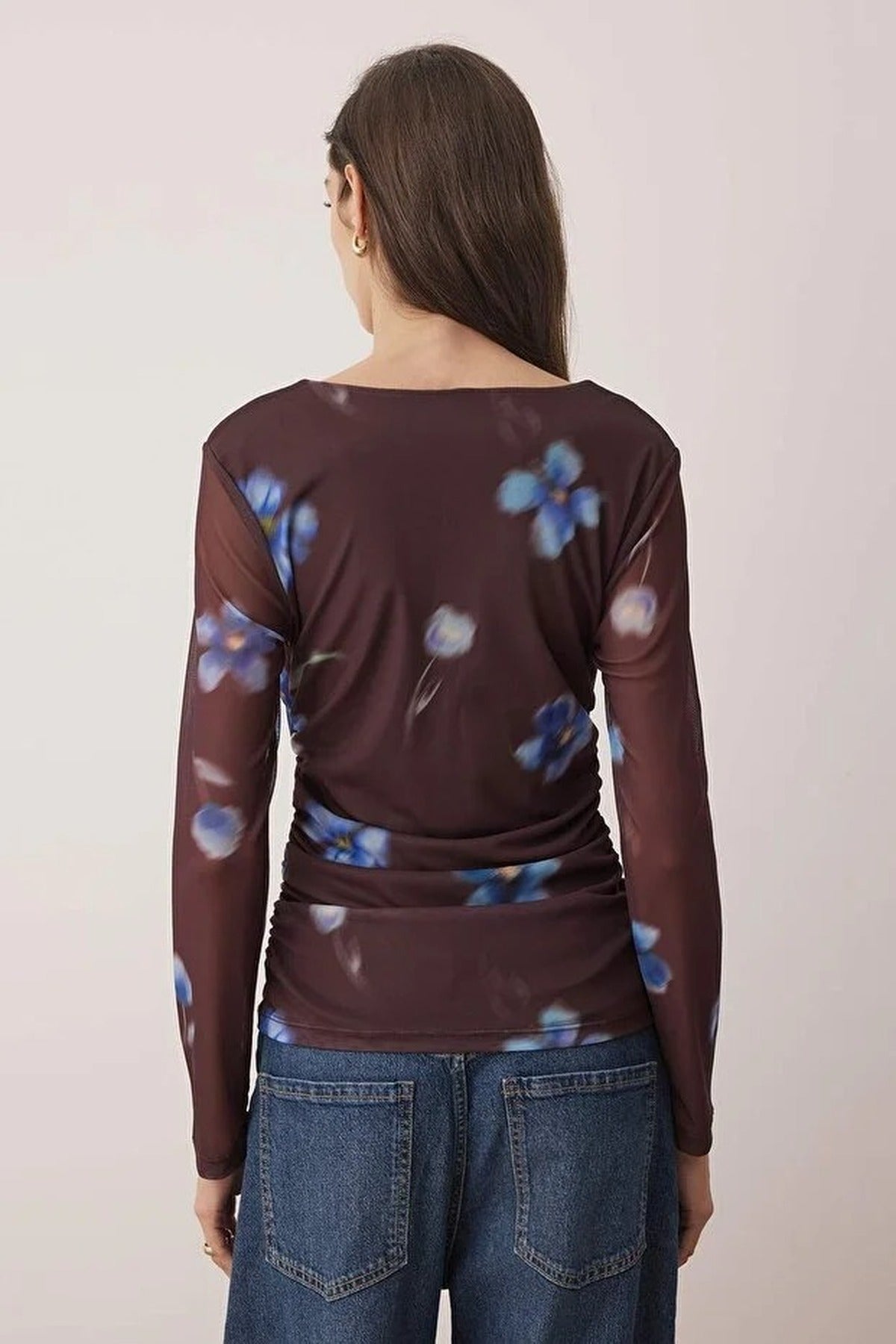 Printed Drape Detail Fitted Long Sleeve Knitted Blouse