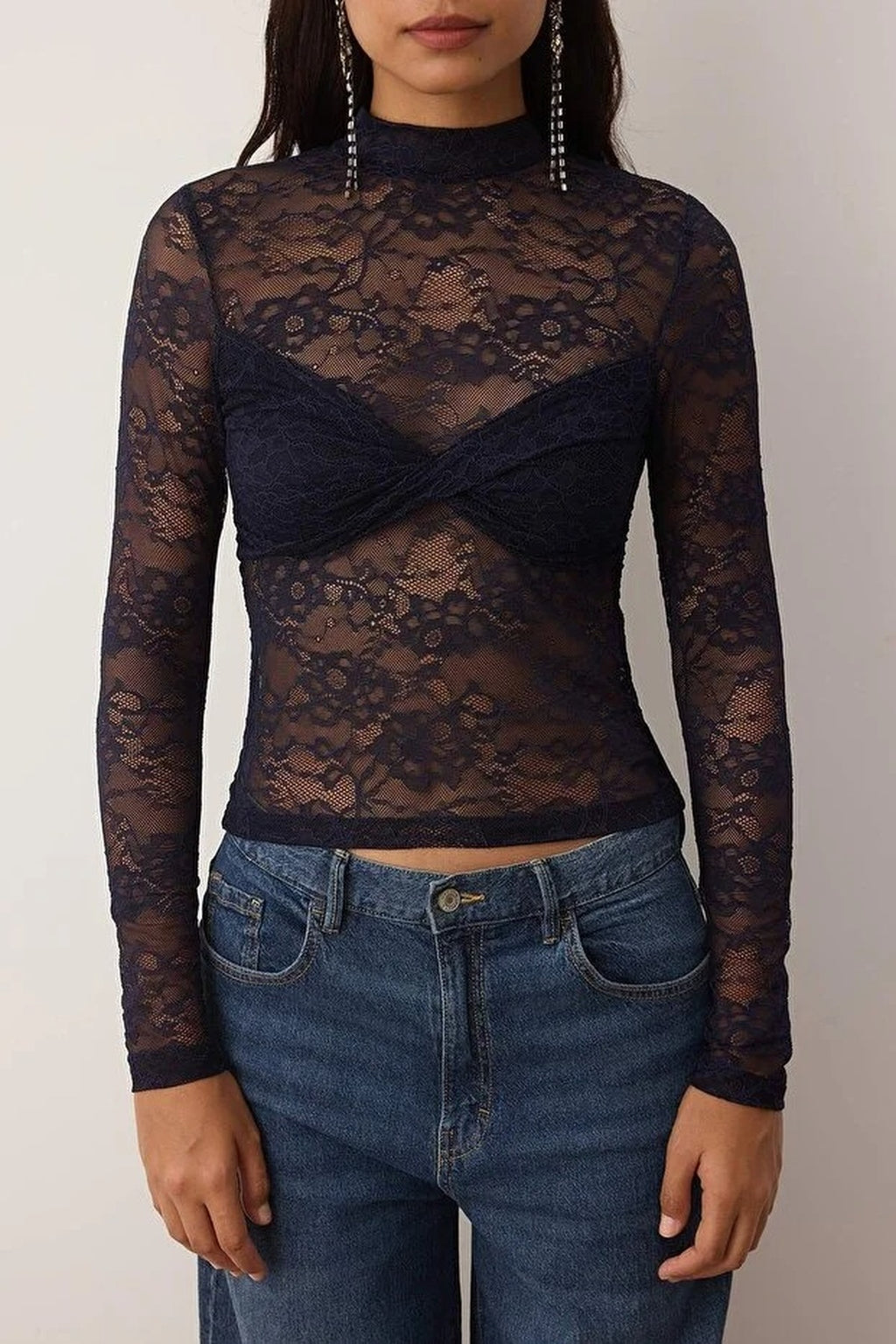 High Neck Lace Party Unlined Blouse