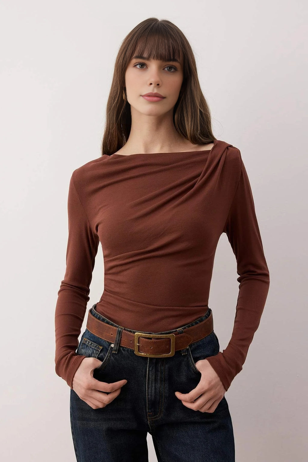 Asymmetrical Neckline Detail Flexible Knit Blouse