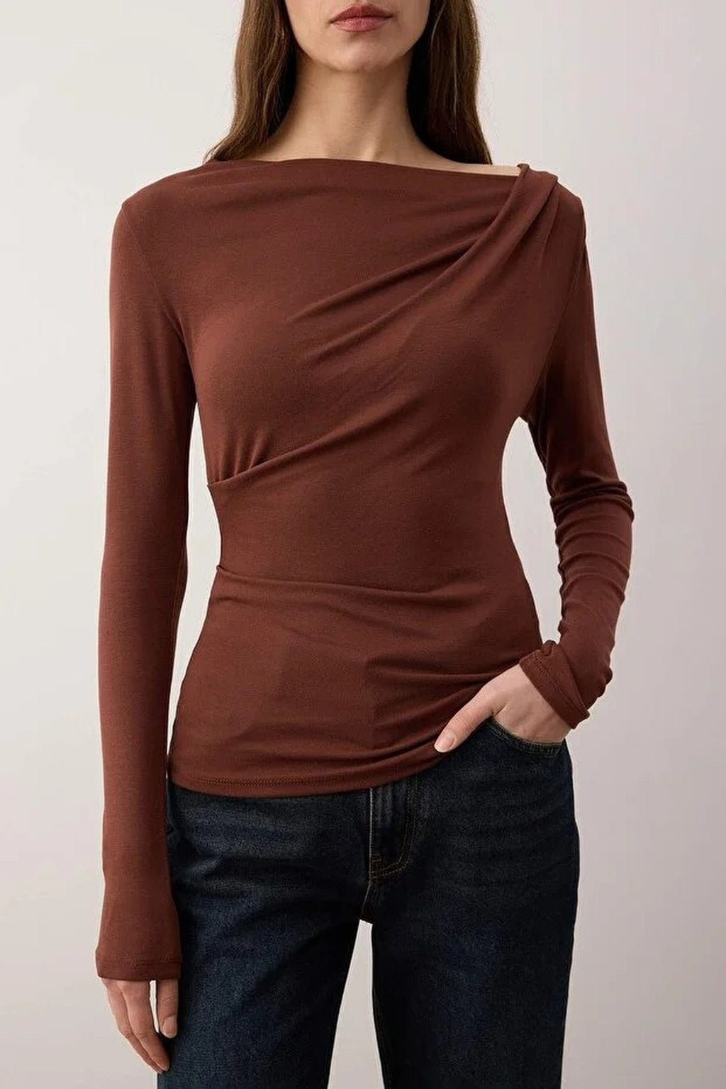 Asymmetrical Neckline Detail Flexible Knit Blouse