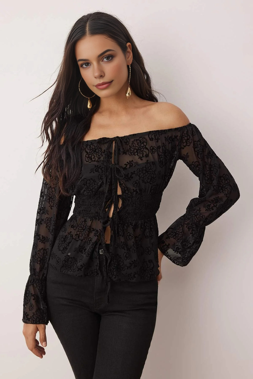 Floral Unlined Carmen Neckline Tie-Up Tulle Party Blouse
