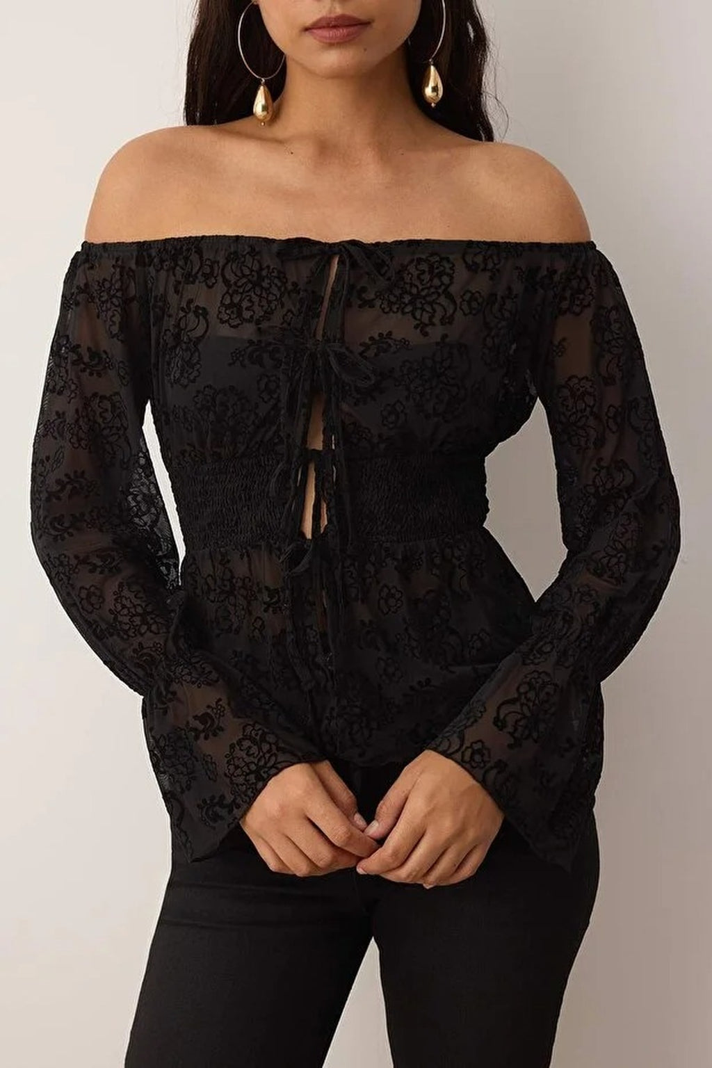 Floral Unlined Carmen Neckline Tie-Up Tulle Party Blouse