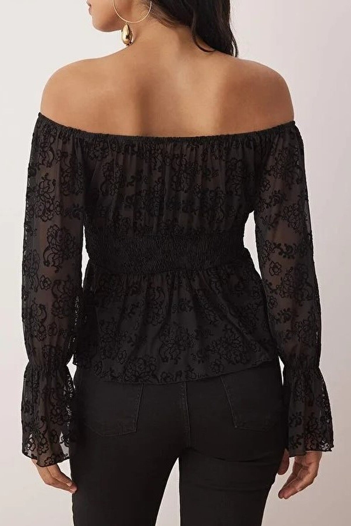 Floral Unlined Carmen Neckline Tie-Up Tulle Party Blouse