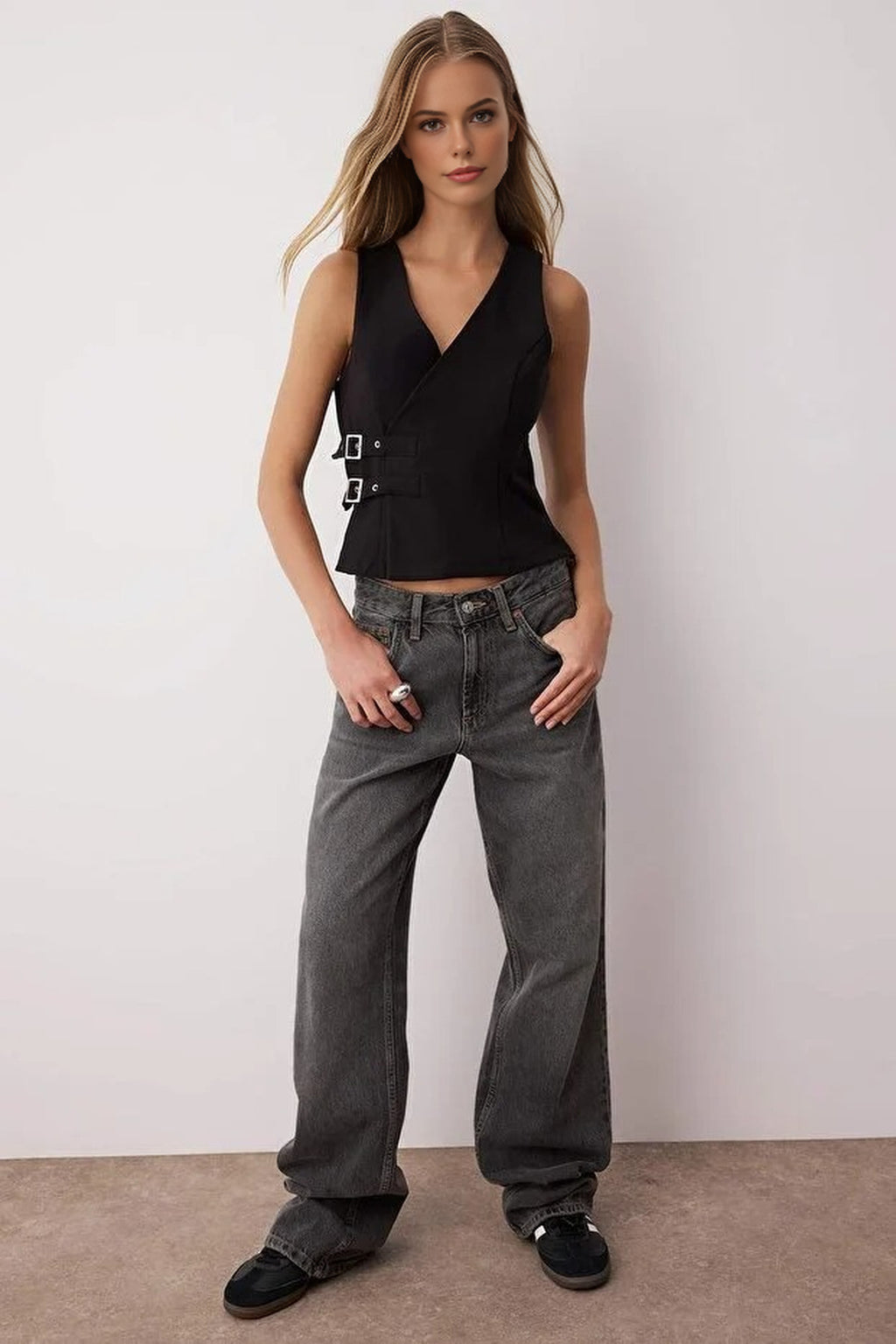 Sleeveless Woven Blouse with Belt Detail