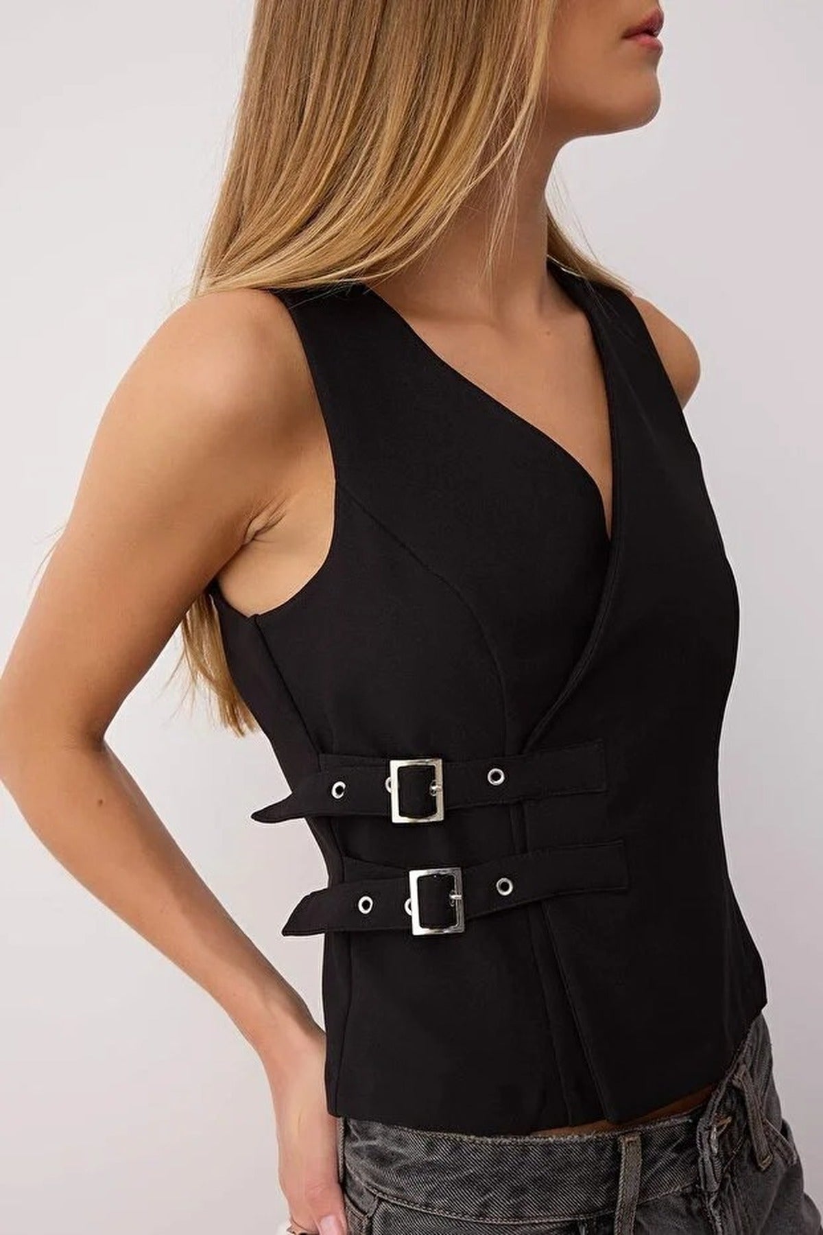 Sleeveless Woven Blouse with Belt Detail