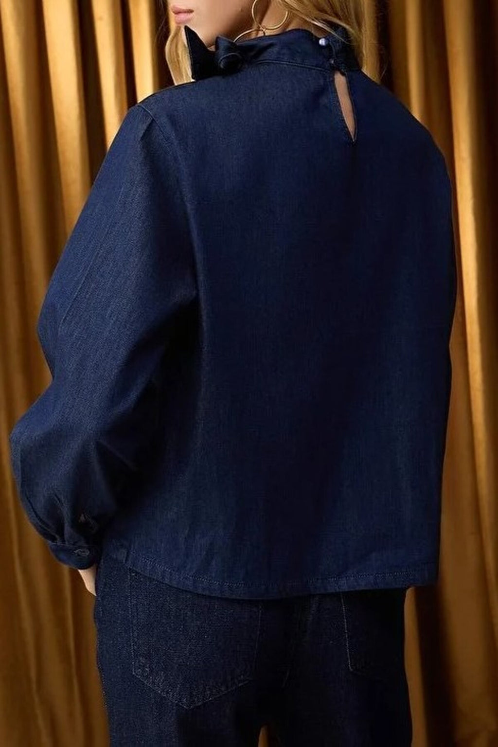 Denim Blouse with Tie Neck Detail