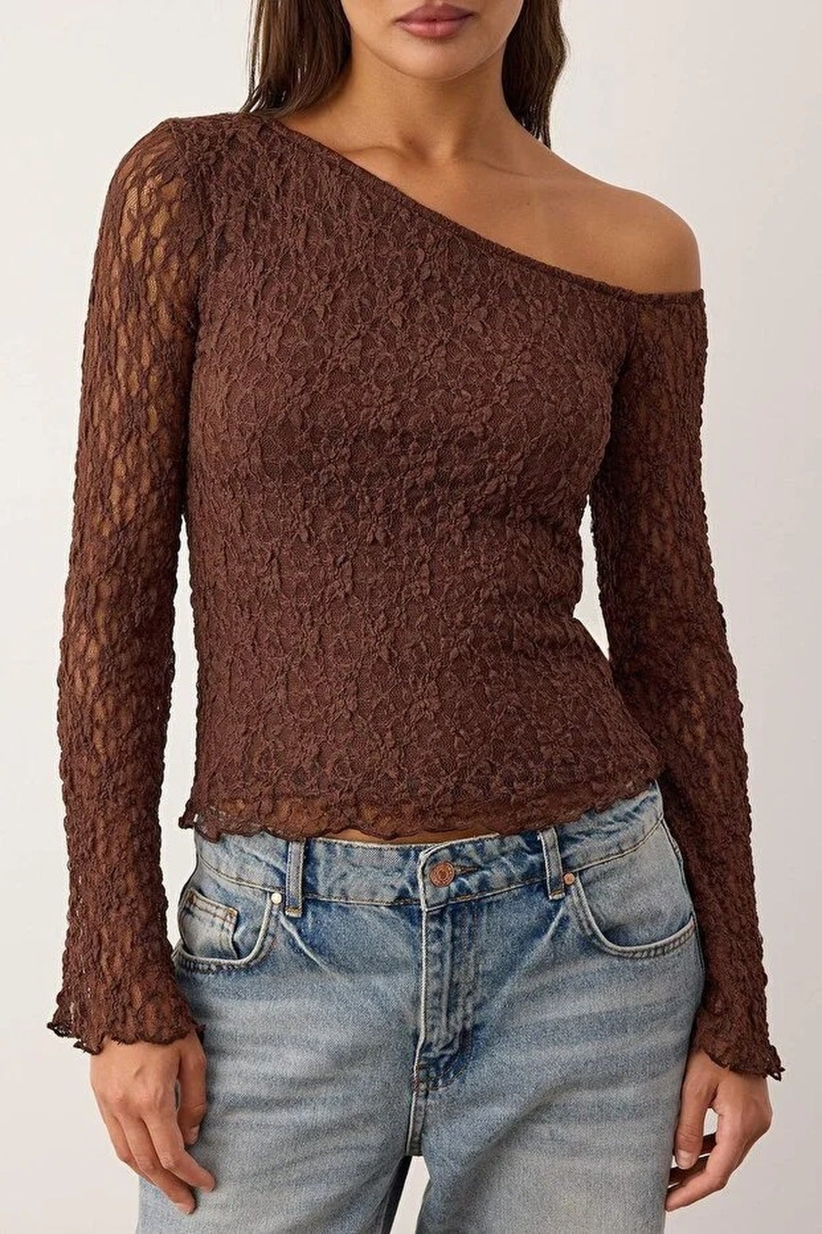 Asymmetrical Neck Fitted Knit Blouse
