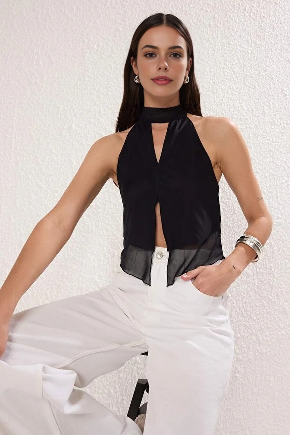 Tie-Up Knitted Tulle Party Blouse