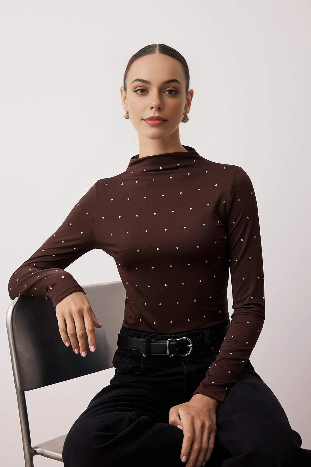 High-Neck Stretch Knit Blouse with Troc Accessory Detail