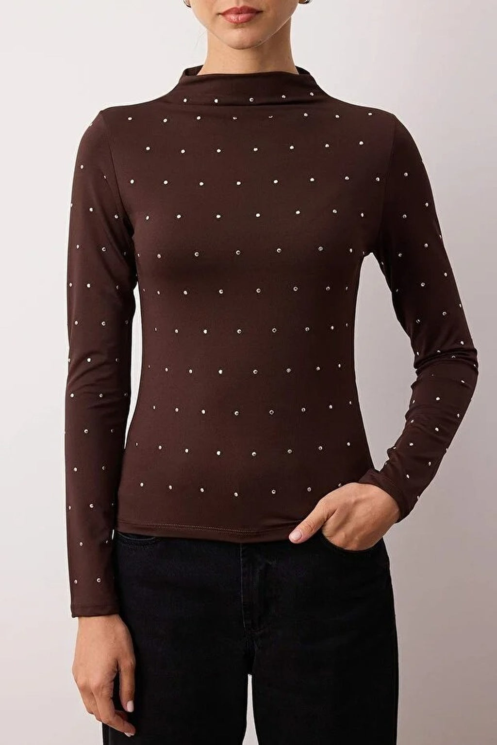 High-Neck Stretch Knit Blouse with Troc Accessory Detail