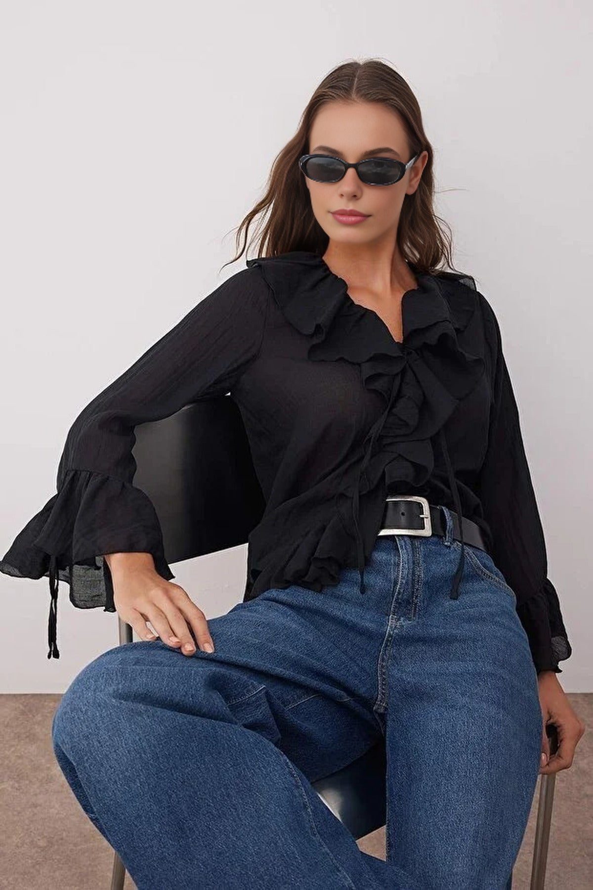 Ruffled Boho Long-Sleeve Woven Blouse