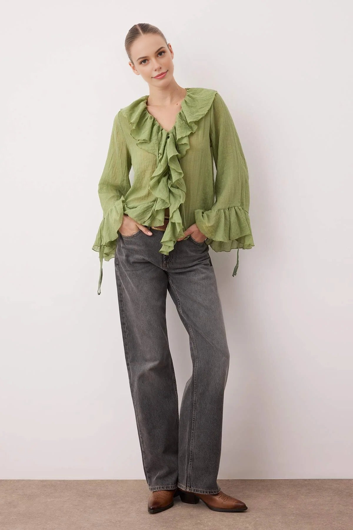 Ruffled Boho Long-Sleeve Woven Blouse