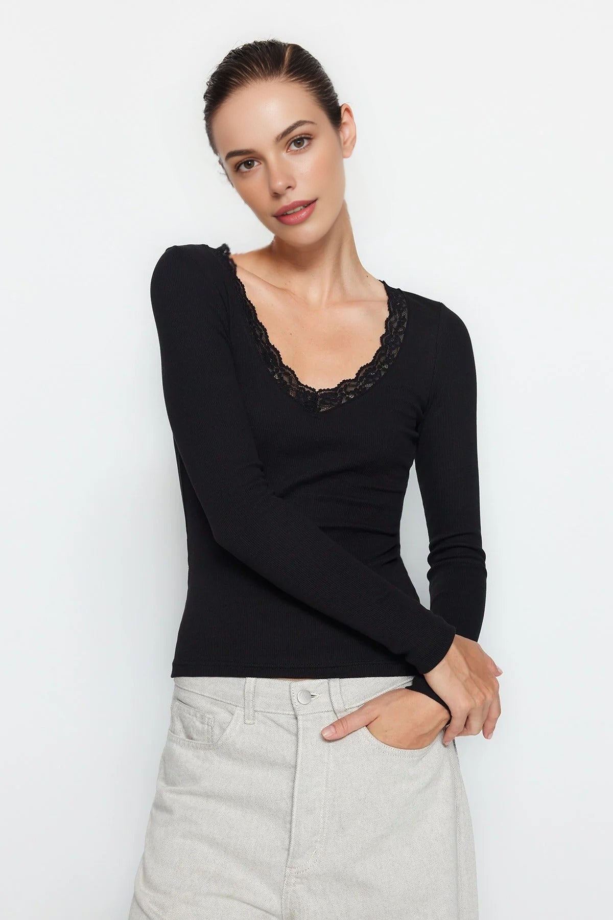 V-Neck Lace Detail Ribbed Cotton Stretch Knit Blouse