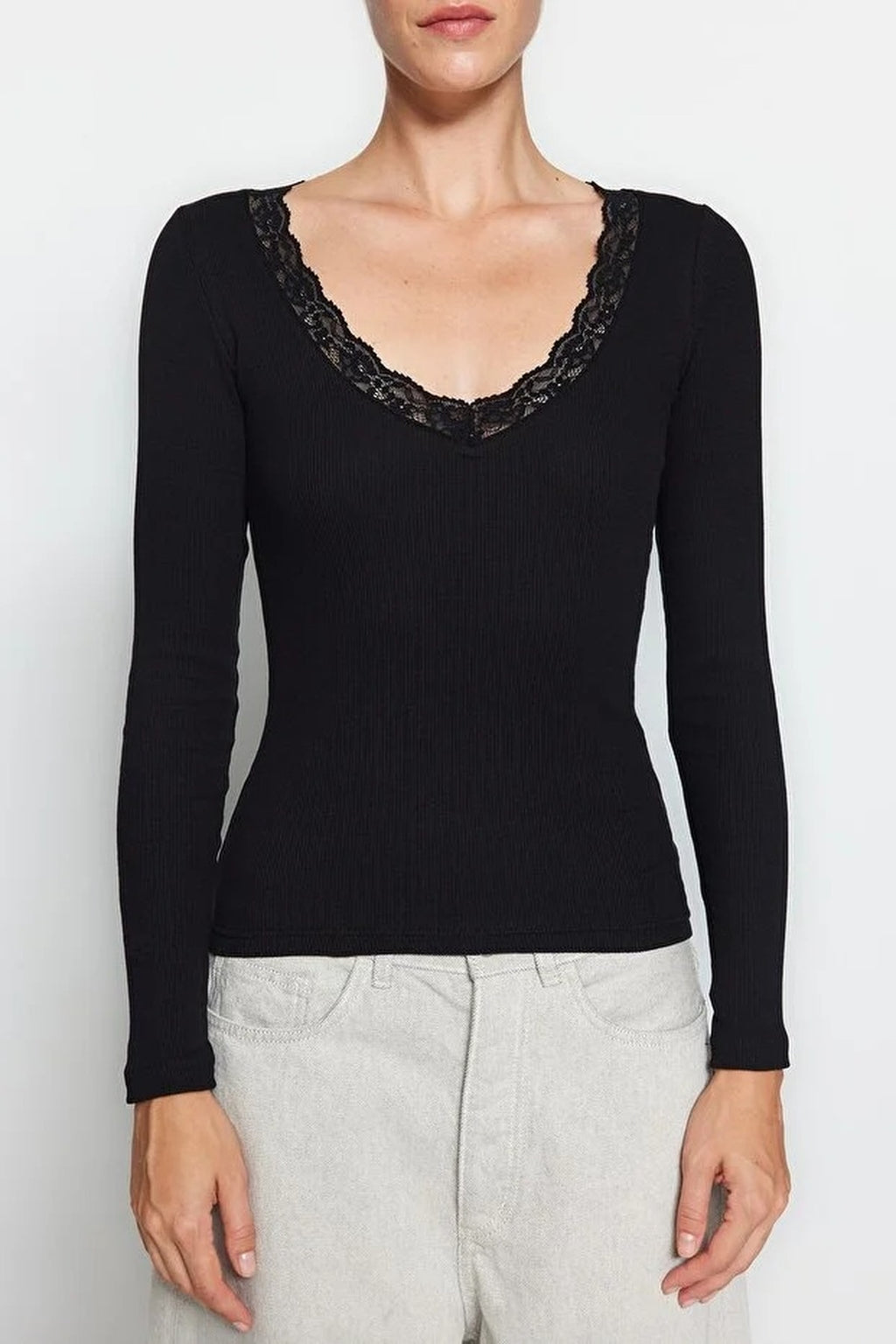 V-Neck Lace Detail Ribbed Cotton Stretch Knit Blouse