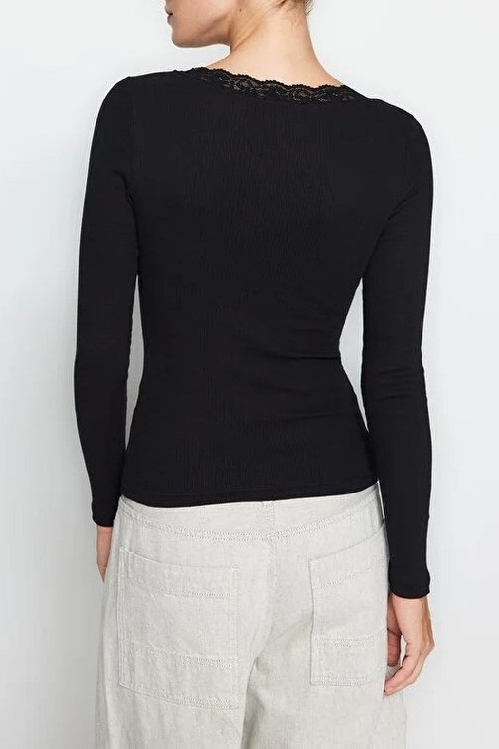 V-Neck Lace Detail Ribbed Cotton Stretch Knit Blouse
