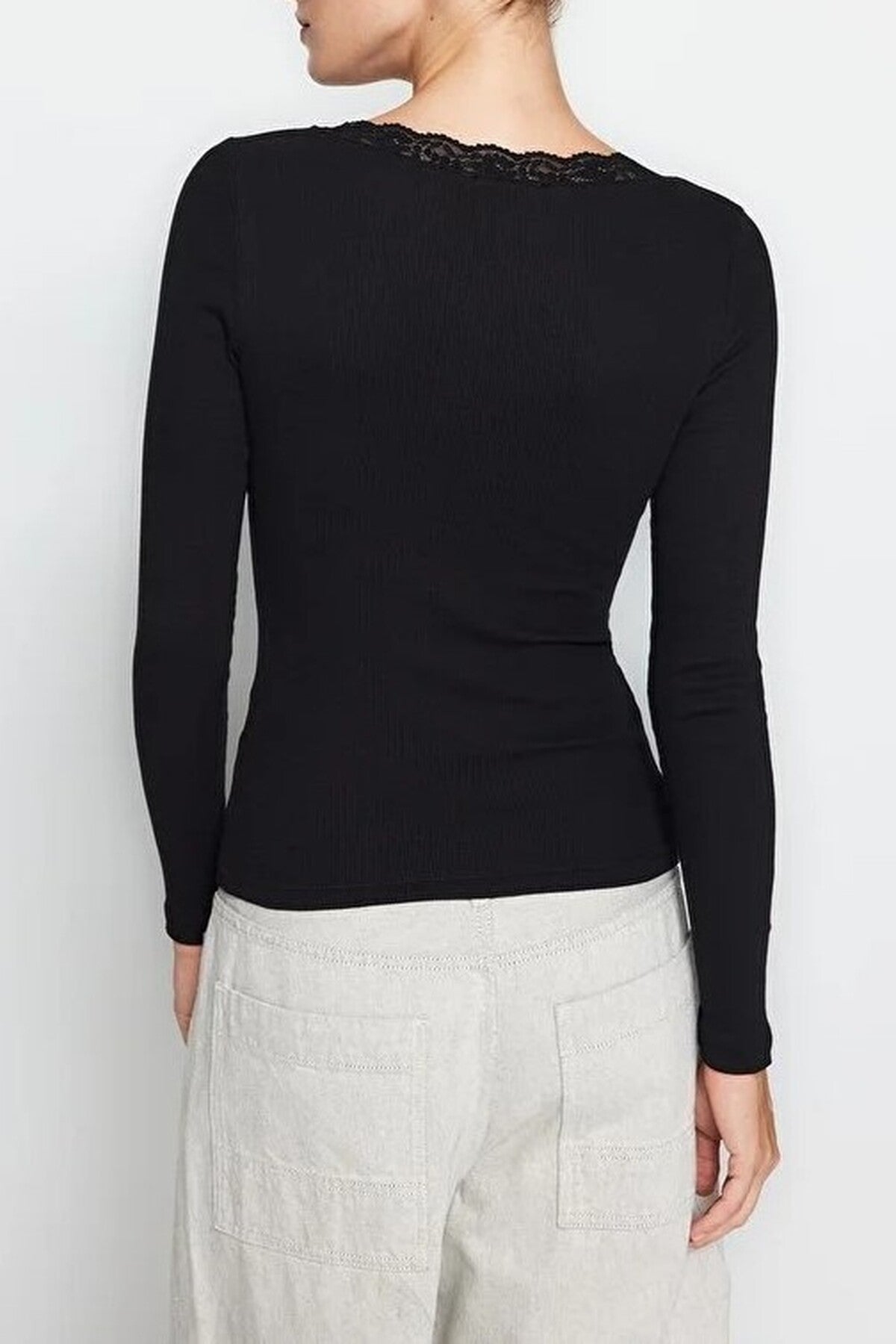 V-Neck Lace Detail Ribbed Cotton Stretch Knit Blouse