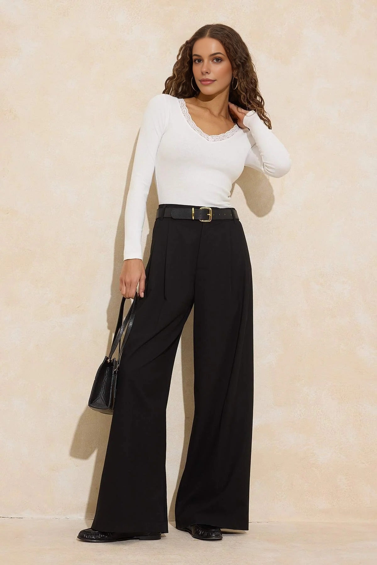 V-Neck Lace Detail Ribbed Cotton Stretch Knit Blouse
