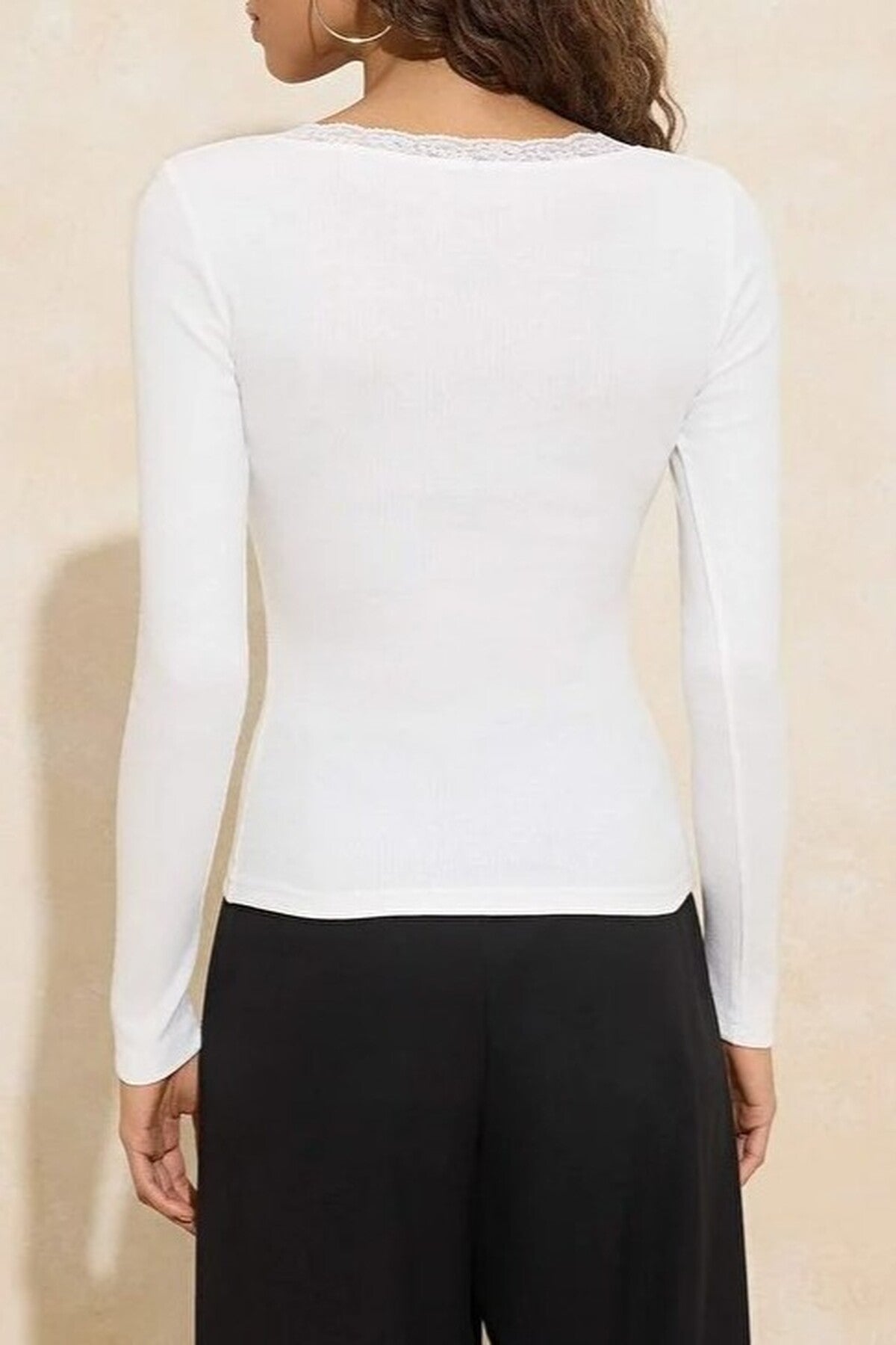 V-Neck Lace Detail Ribbed Cotton Stretch Knit Blouse