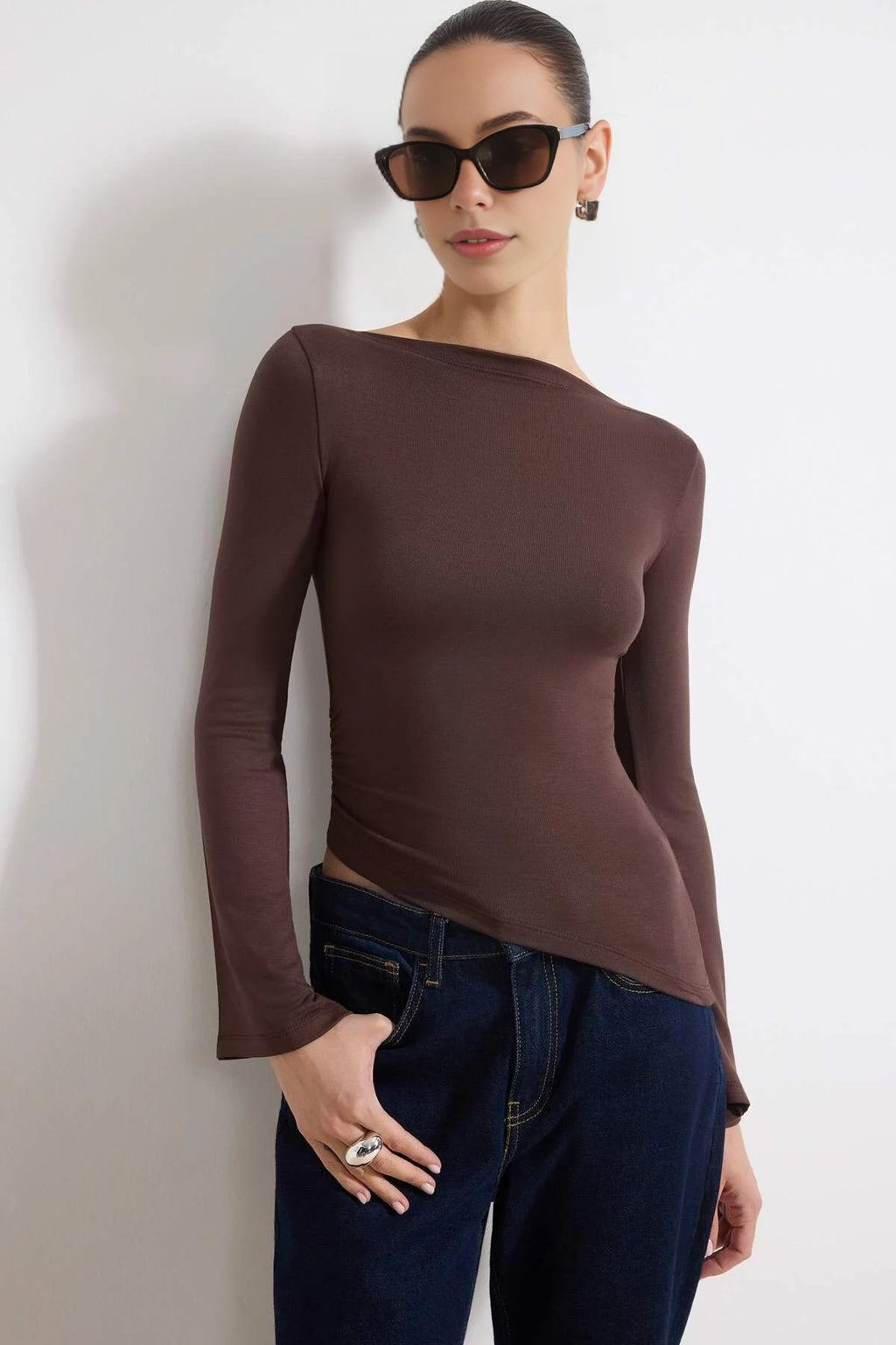 Boat Neck Long Sleeved Soft Knit Blouse