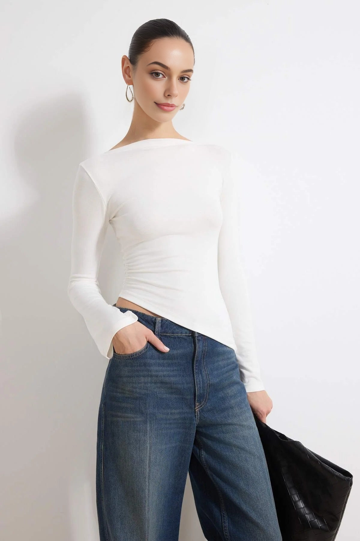 Boat Neck Long Sleeved Soft Knit Blouse