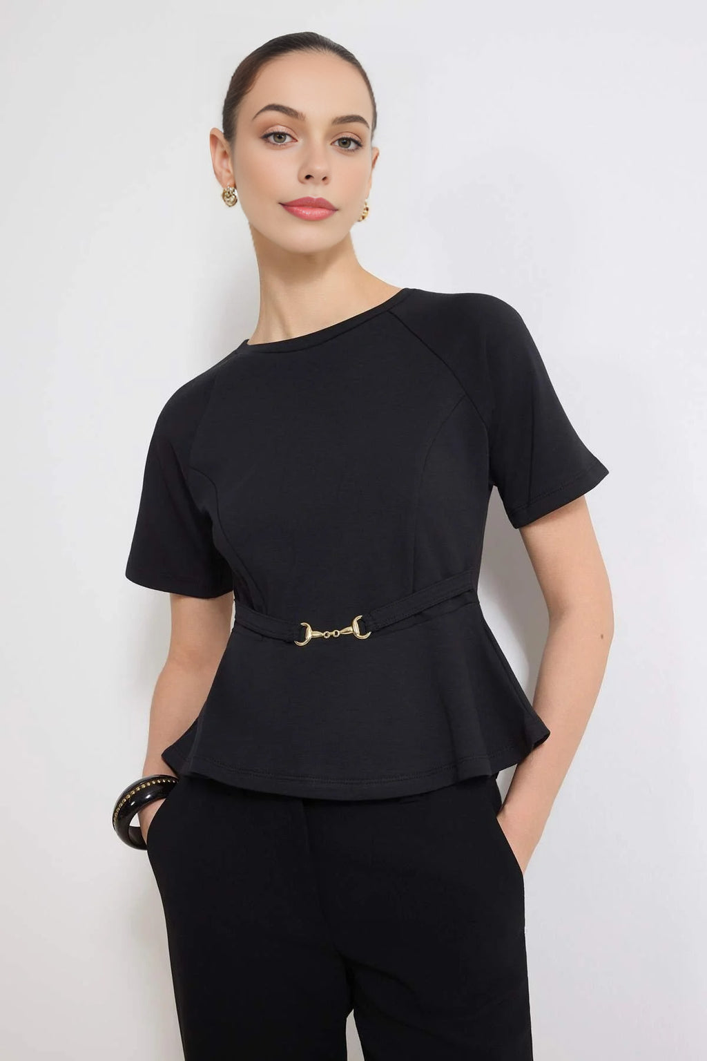 Peplum Raglan Sleeve Knitted Blouse with Accessory Detail