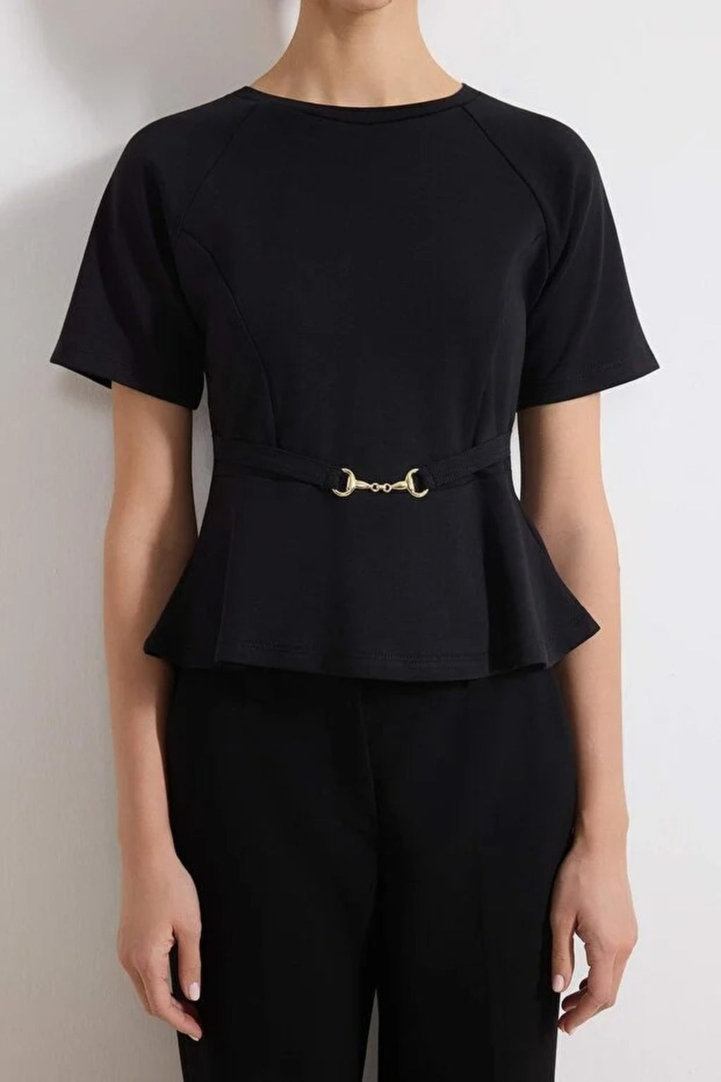 Peplum Raglan Sleeve Knitted Blouse with Accessory Detail