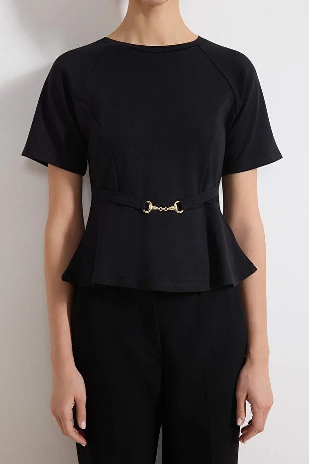 Peplum Raglan Sleeve Knitted Blouse with Accessory Detail