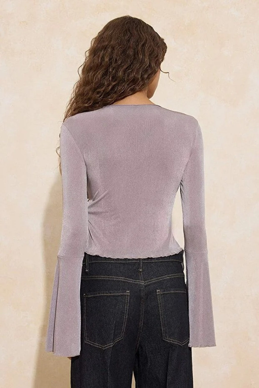 V-Neck Long Sleeved Buzzy Knit Blouse with Tie Detail