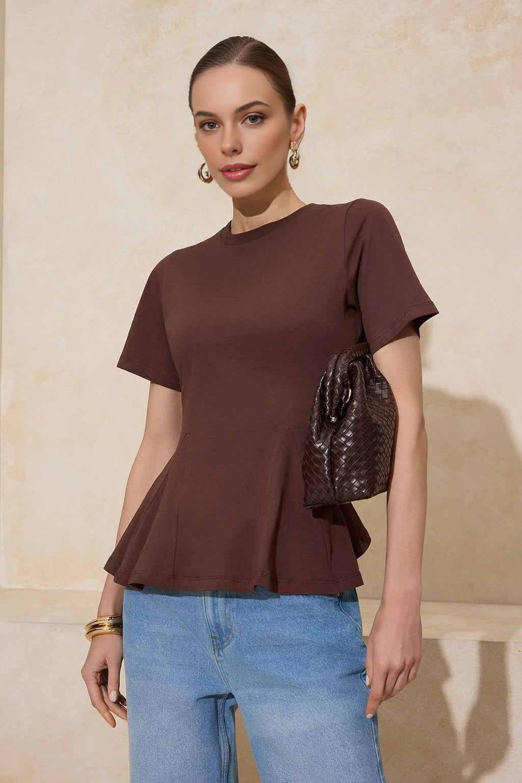 Peplum Short-Sleeved 100% Cotton Knitted Blouse