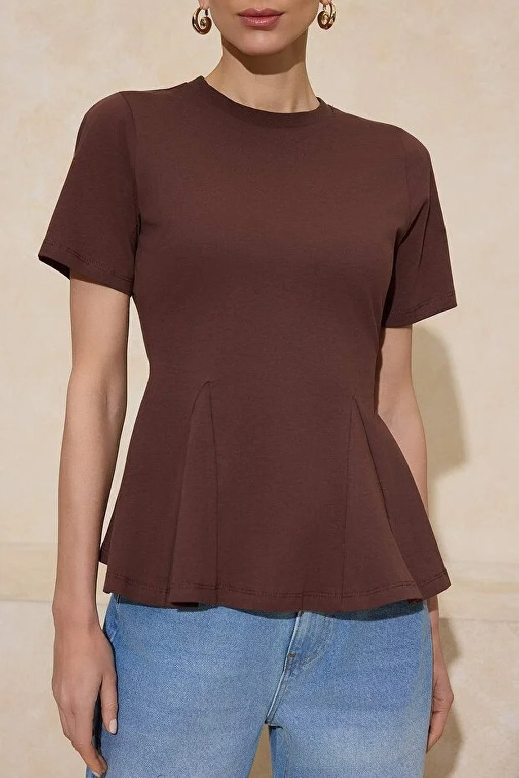 Peplum Short-Sleeved 100% Cotton Knitted Blouse