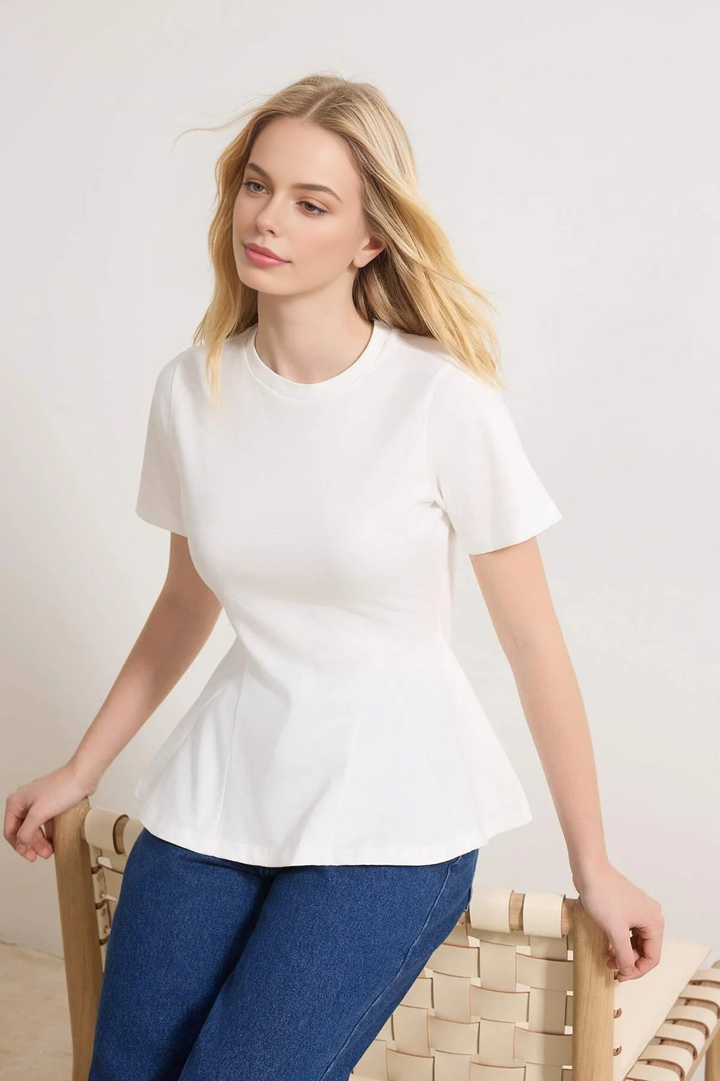 Peplum Short-Sleeved 100% Cotton Knitted Blouse