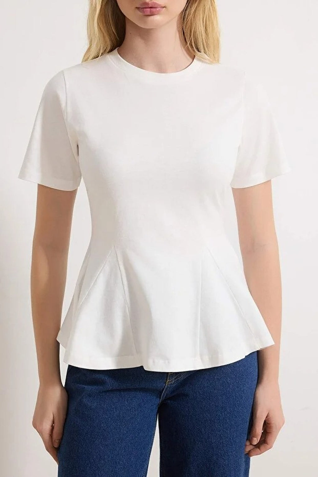 Peplum Short-Sleeved 100% Cotton Knitted Blouse