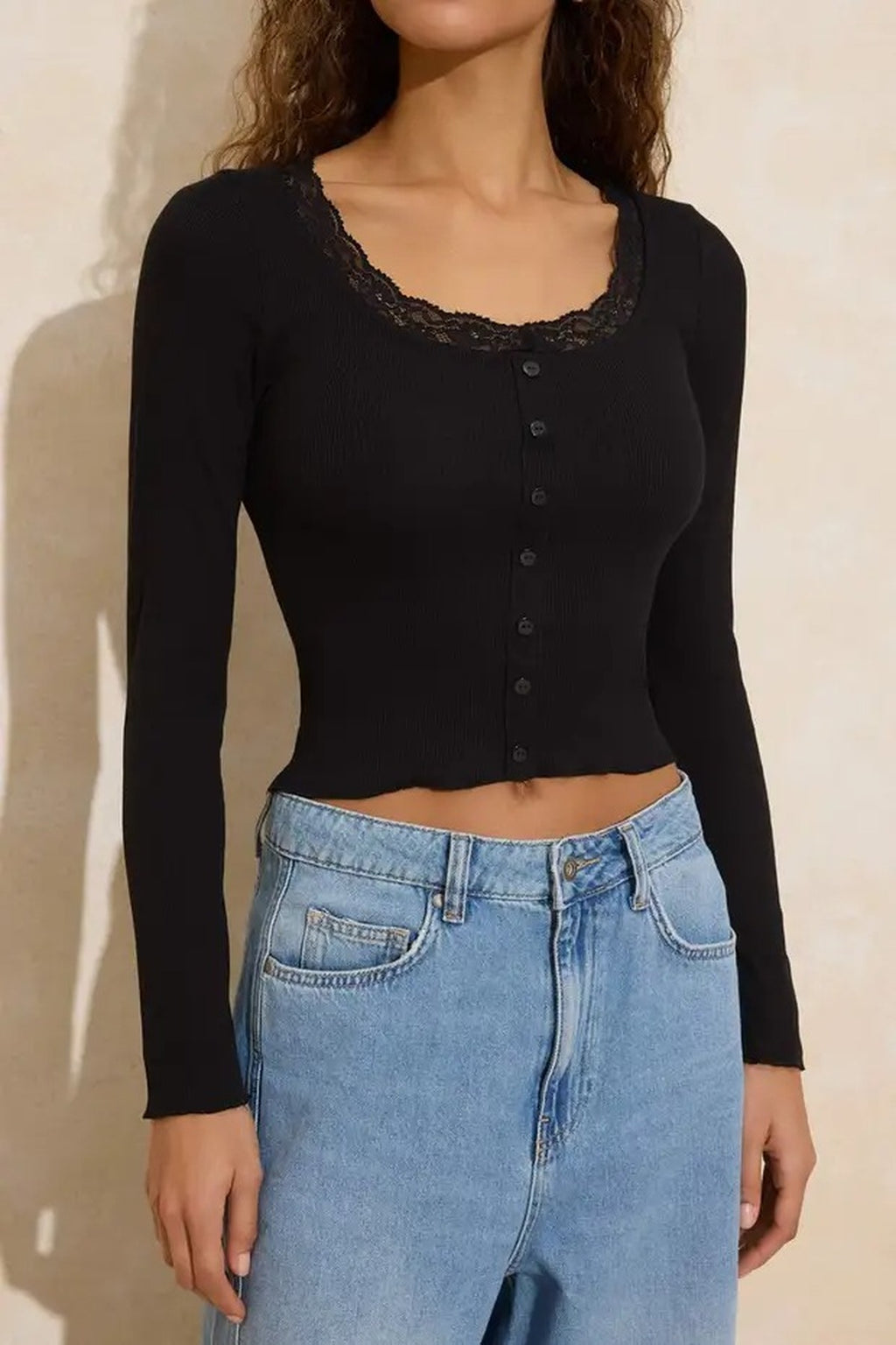 Pool Neck Lace Detail Ribbed Stretch Knit Blouse