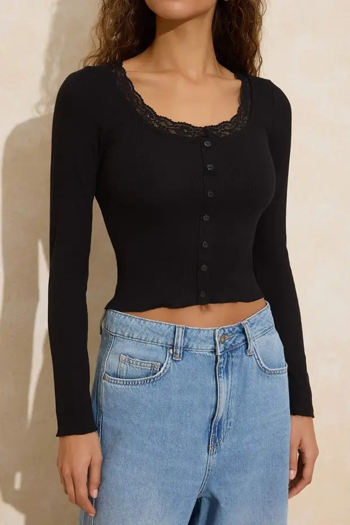 Pool Neck Lace Detail Ribbed Stretch Knit Blouse